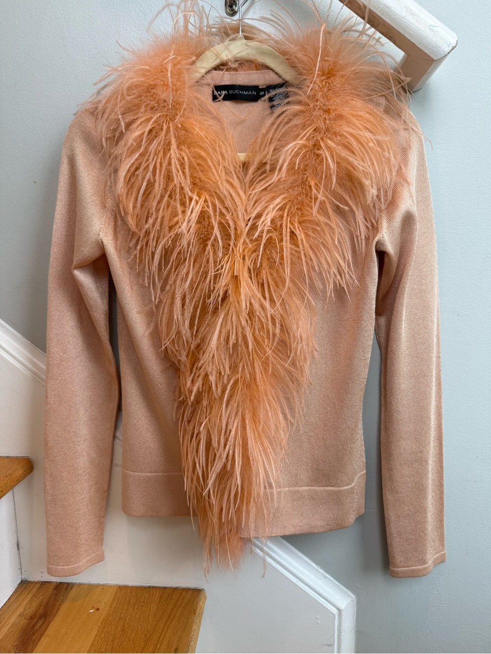 Vintage 90s Dana Buchman Ostrich Feather Metallic Cardigan Blush Pink S
